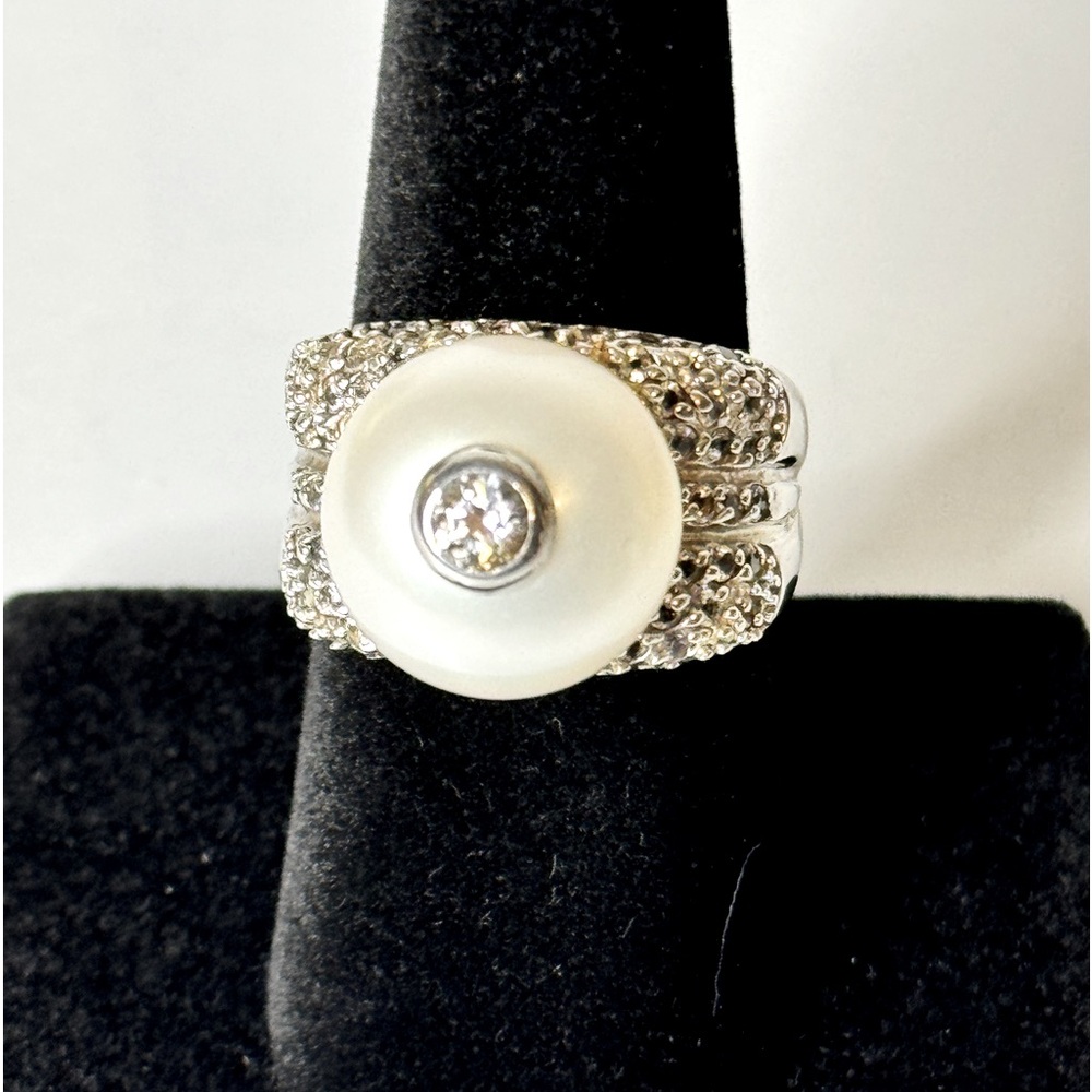 Ralph Lauren Sterling Silver Cultured Pearl & White Sapphire Ring Sz 7.5